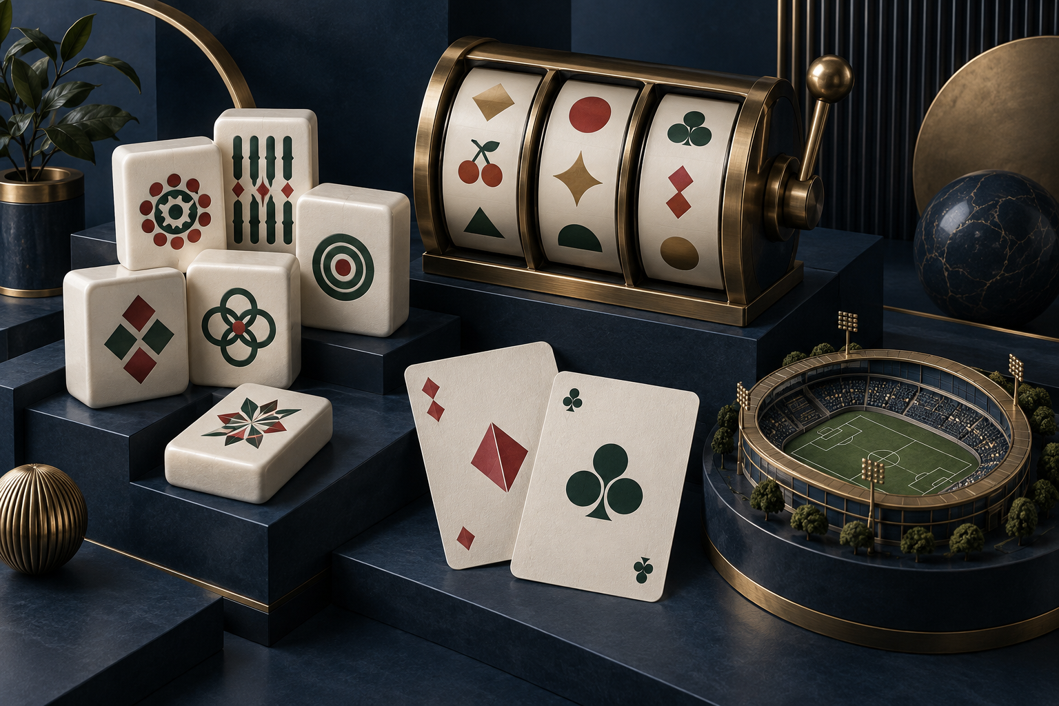 Ilustrasi kategori AMAN33: mahjong, gulungan simbol, kartu, dan arena olahraga.